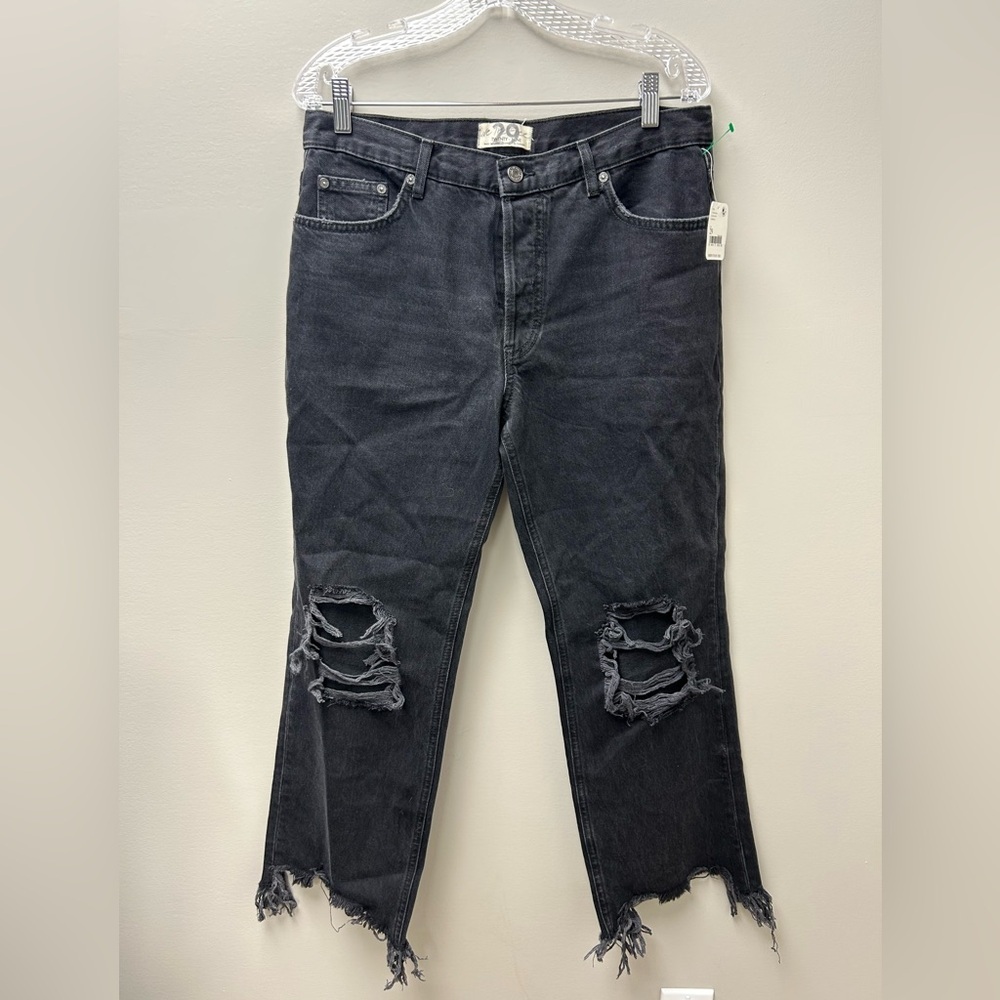 Free People We The Free Maggie Mid Rise Straight‎ Leg Ripped Black Jeans
